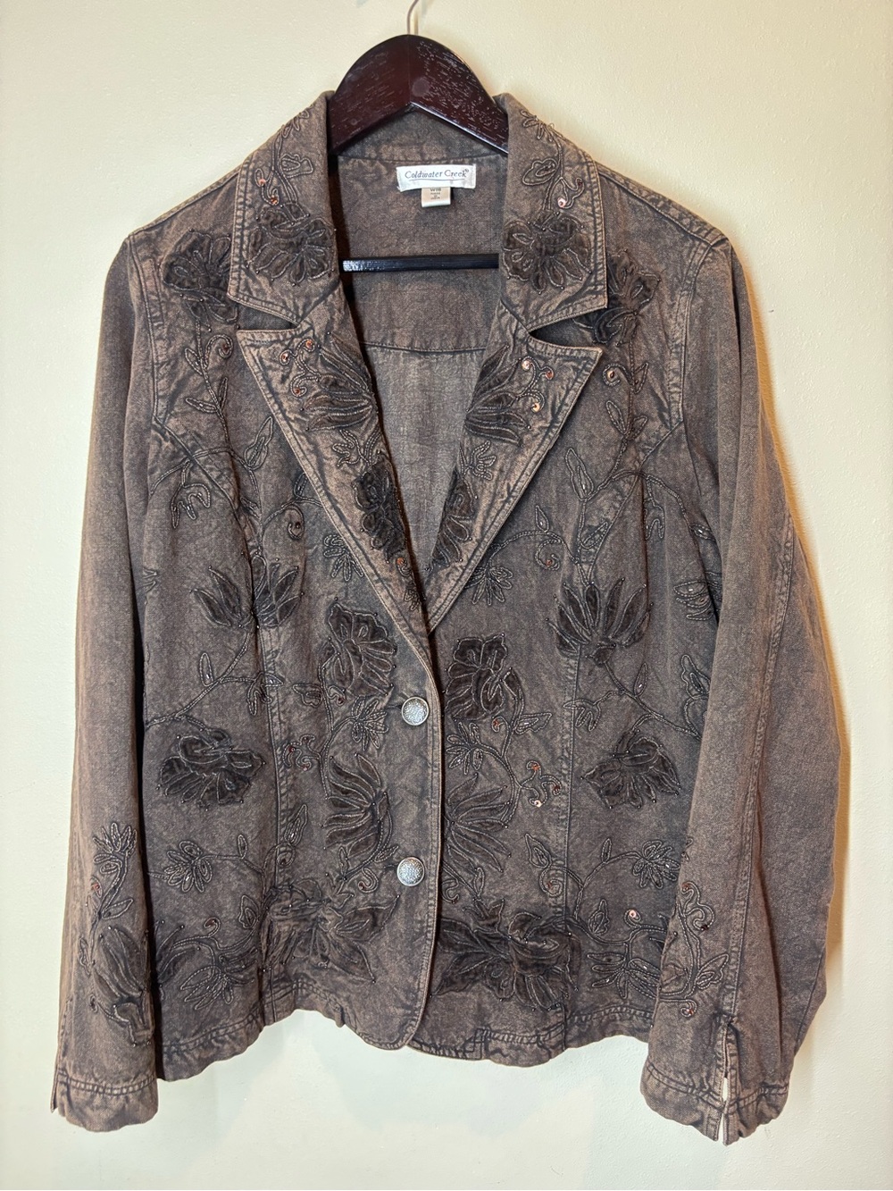 Coldwater Creek Brown Embroidered Distressed Brown Denim Blazer Jacket, size 18